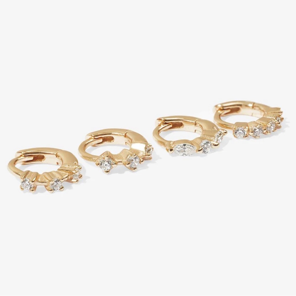 Mini Huggie/Hoop Earring Set, 14 karat gold plated sterling silver, crystal